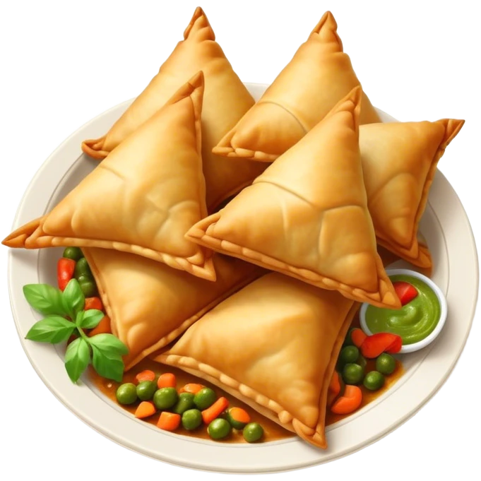 Cinematic Realistic Samosas Dish Emoji, depicted as golden, crispy pastry pockets filled with spiced vegetables rendered with detailed textures and appetizing lighting. emoji