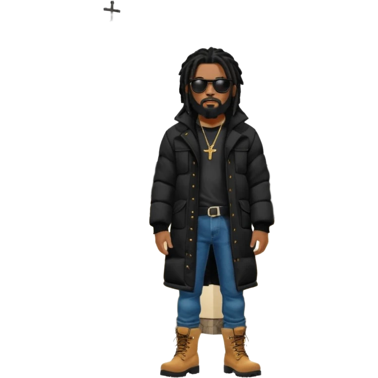African American man with shoulder length black dreadlocks with black beard wearing black sunglasses wearing a black bubble winter coat  wearing denim skinny jeans and timberland boots standing in front of a Christian church emoji