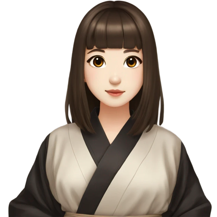 Korean girl, black silk robe, brown hair, deep brown eyes, cute girl, aesthetic, long brown hair, hime cut, bangs emoji