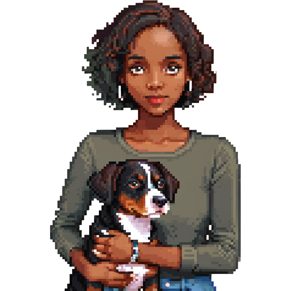 dark-skinned woman holding an Entlebucher Sennenhund, cute and expressive, simple background emoji