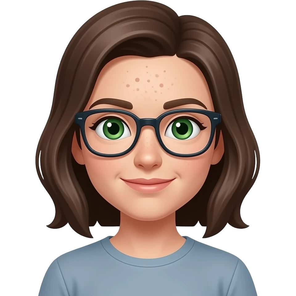 Julie with green eyes and freckle on forhead over left eyebrowwith glasses emoji