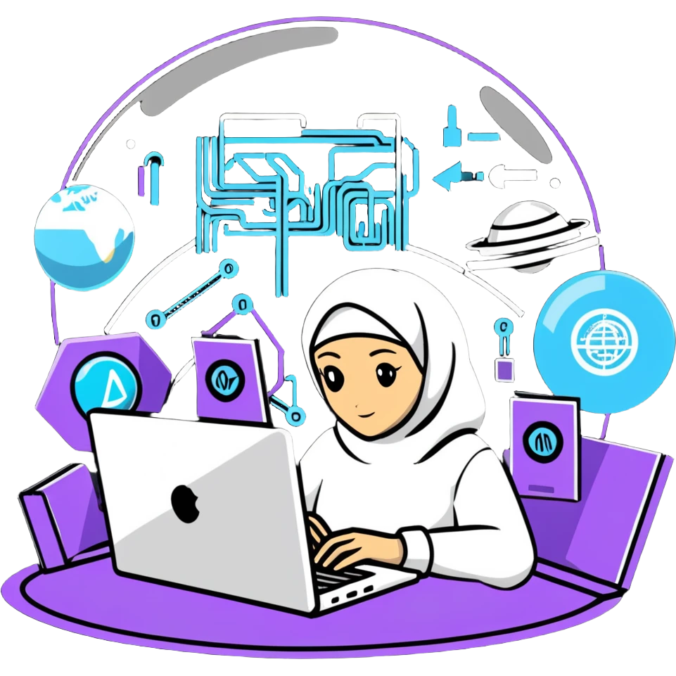 computer engineer with white hijab immersed in augmented reality, surrounded by floating metaverse elements, digital codes, virtual machines, tech graphics emoji