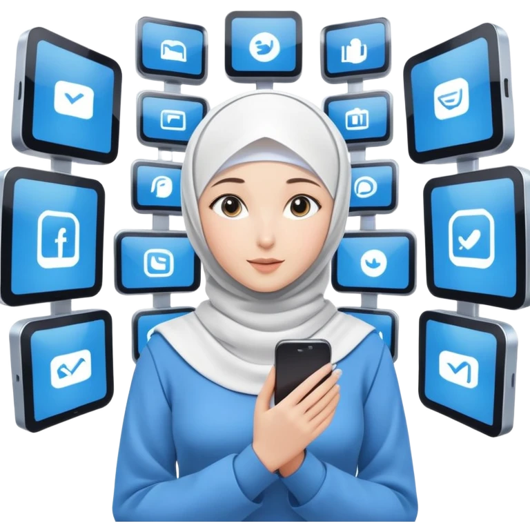 girl with white hijab wearing blue clothes, surrounded by multiple digital screens showing virtual world, metaverse elements, augmented reality displays emoji