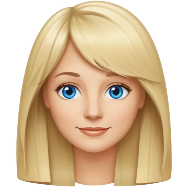 40 yr old white woman, curtain bangs, long straight blond hair, oval face, small smile, blue eyes emoji