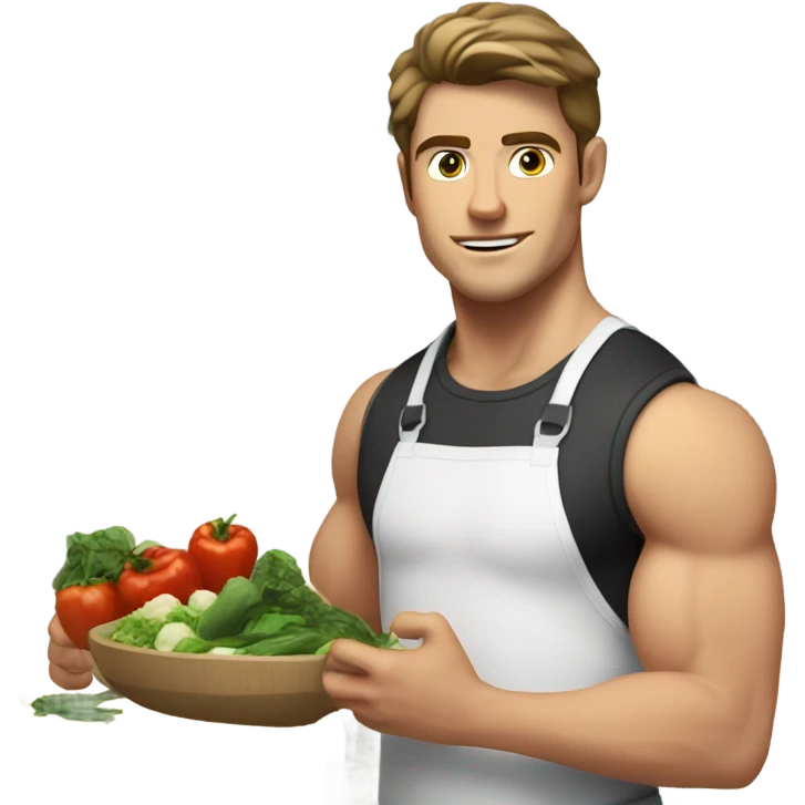 attractive young man white muscular brunette young man using a chopping vegetables emoji