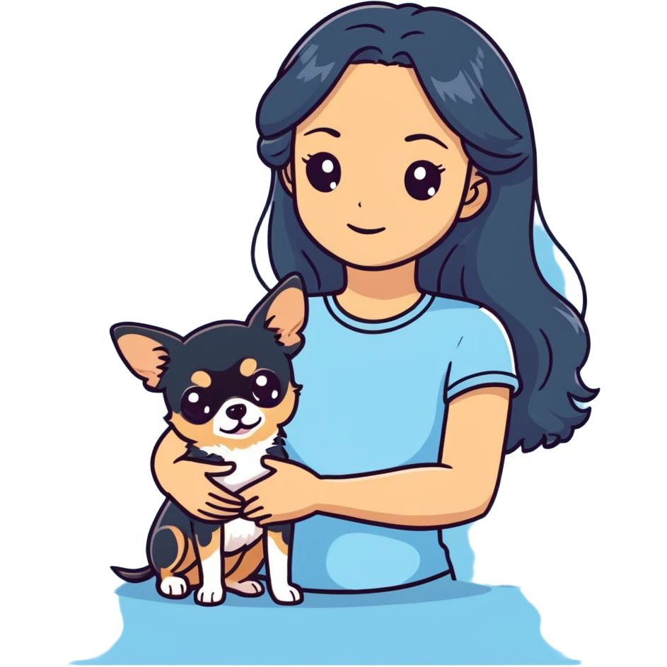 Uma mulher com pele clara rosto arredondado cabelo meio cacheado marrom escuro e meio claro com um blusa azul um pouco clara segurando uma chihuahua pelo longo, cor black tan emoji