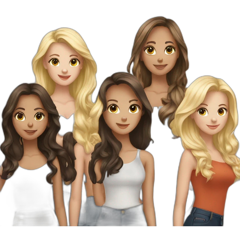 group of 6 friends, 3 blondes, 2 brunettes and a brunette emoji