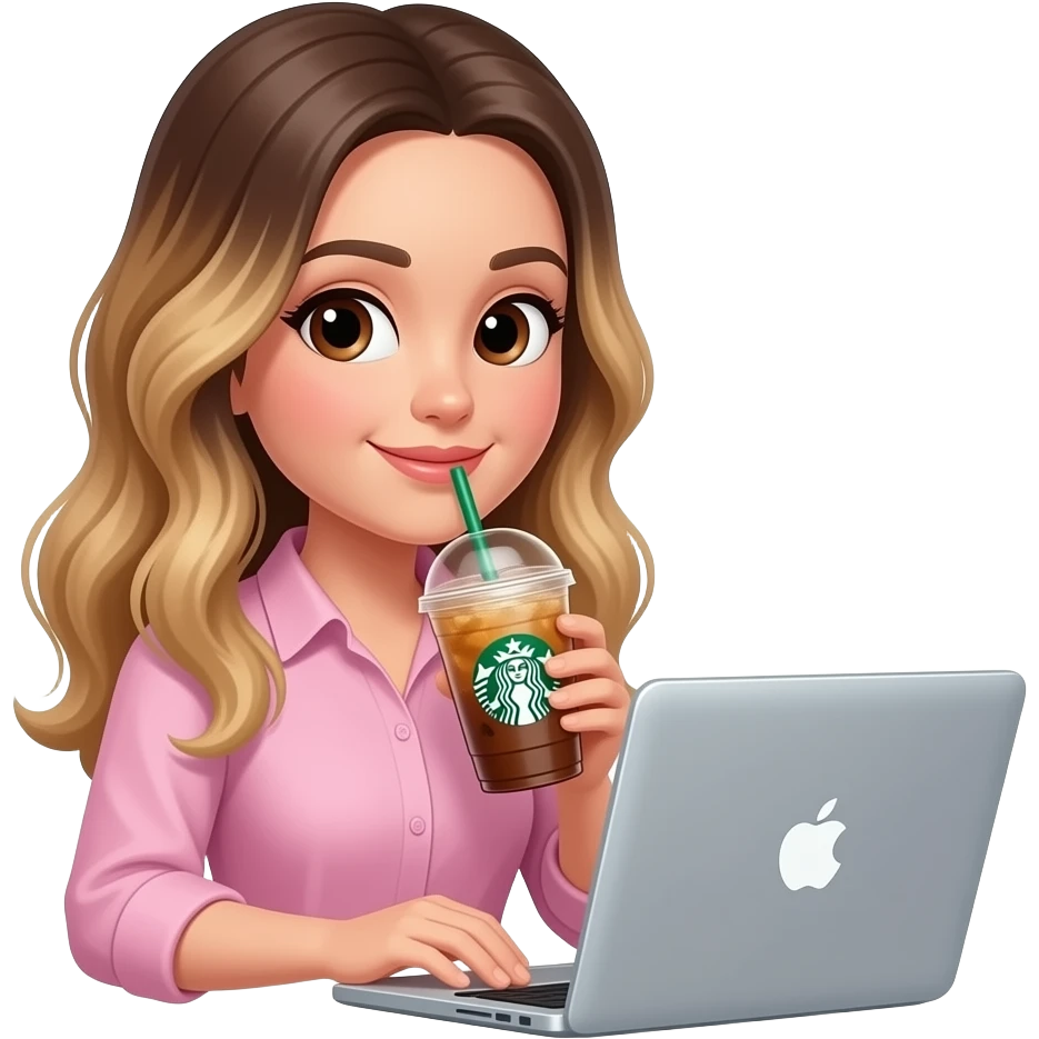 Woman drinking iced  Starbucks coffee in Apple computer, balayage hair,  long hair. Brown eyes , round face, pink shirt emoji