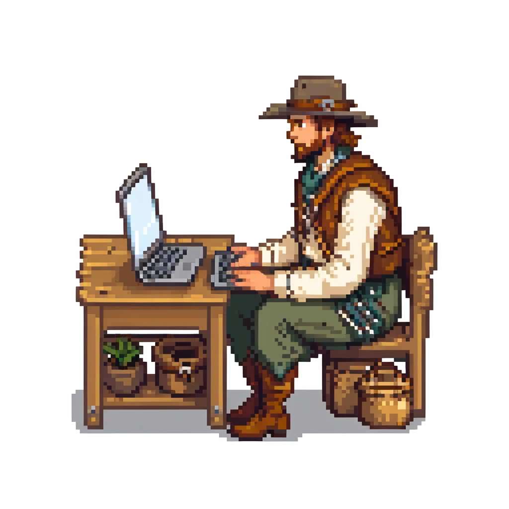 Pioneer settler in old frontier clothing sitting at a modern laptop computer emoji