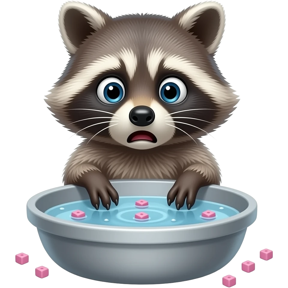 A confused raccoon looking at its empty paws in a bowl of water, shocked expression, floating bits of pink sugar, emoji style. emoji