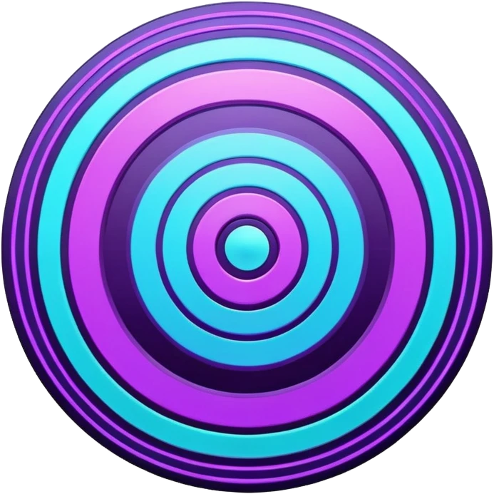 Flat bullseye target emoji, 2D icon, concentric rings, neon purple and cyan holographic glow, dark background, digital tech style, abstract sparkles, no depth, no face emoji