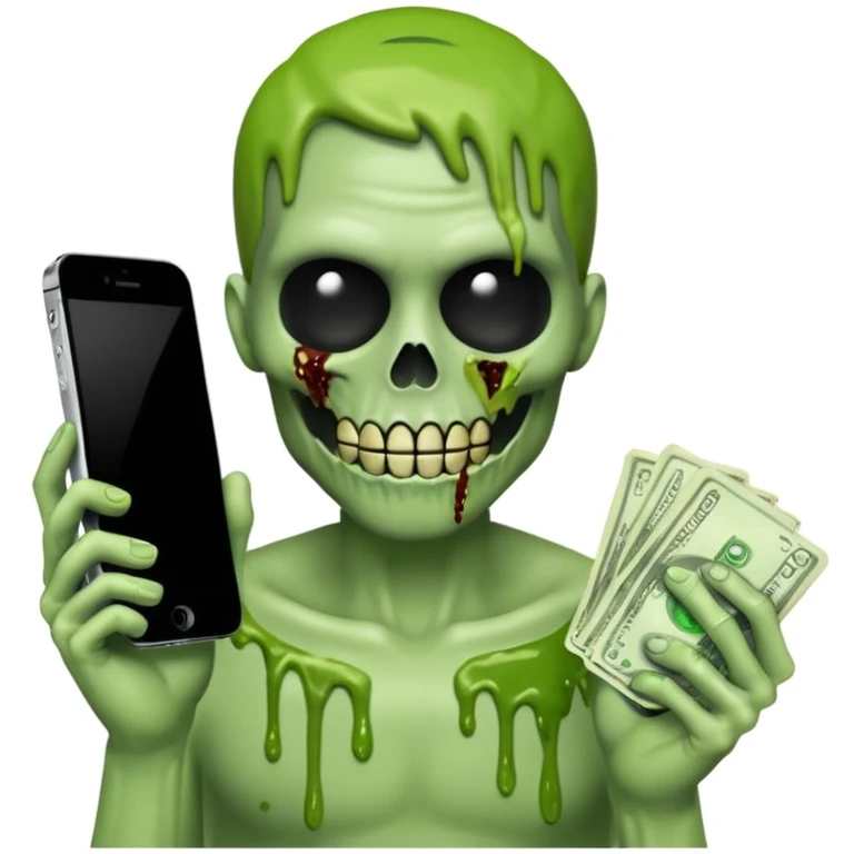 Emoji iPhone de la grande faucheuse, visage moitié squelette moitié zombie, slime vert dégoulinant, billets de 100$ flottant autour, tient une faux, fond blanc, style très effrayant, sans rien d'autre dans les mains, adapté pour photo de profil emoji