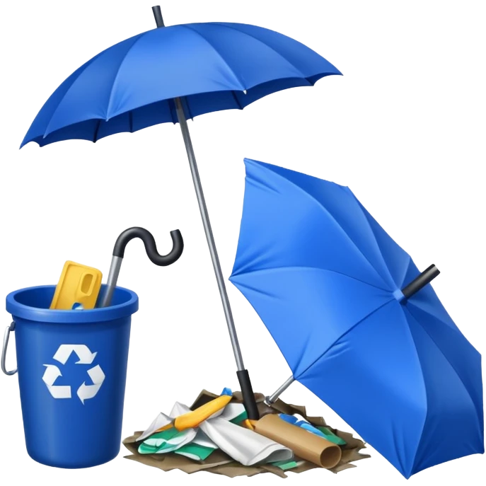 Blue umbrella by trash bin, Lost Umbrella. emoji