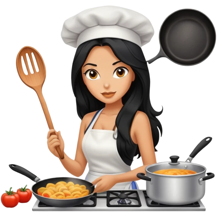 cooking, black long hair tanned woman, sexy emoji