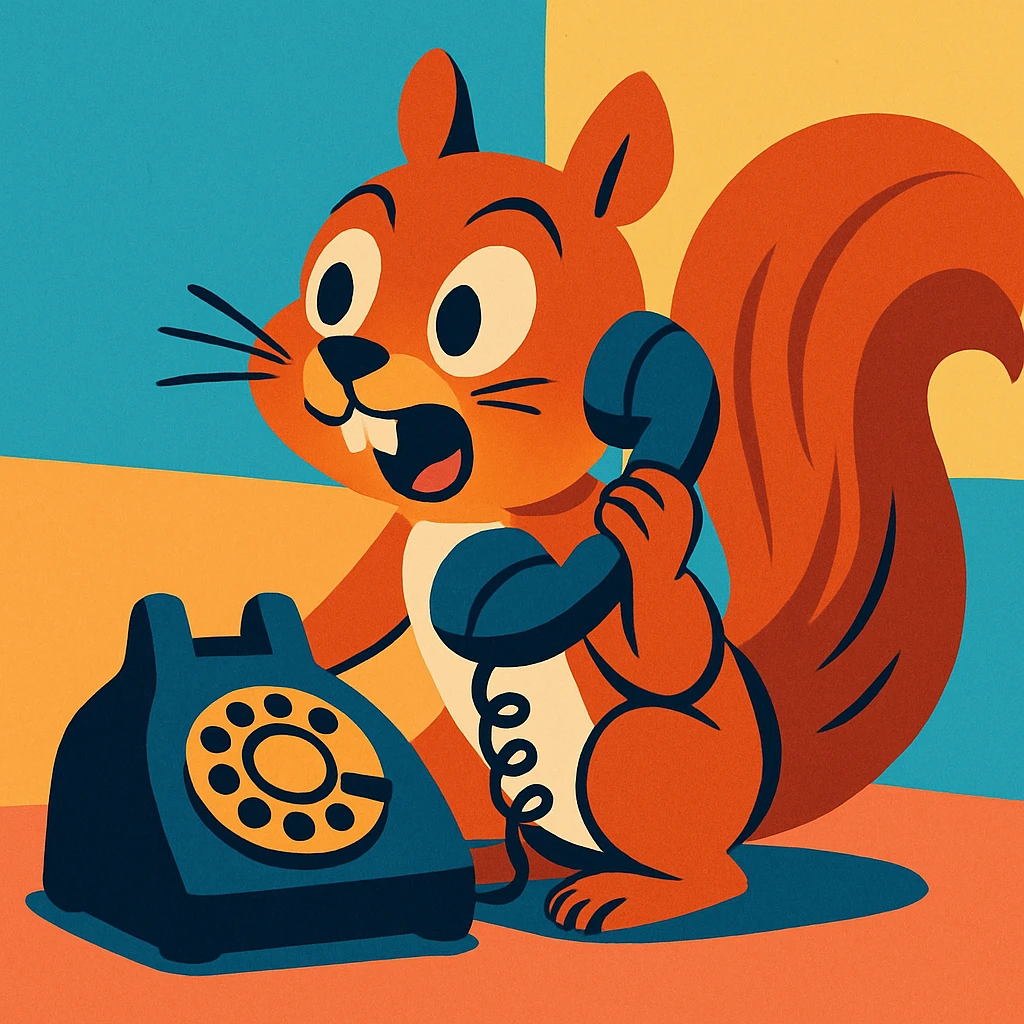 a squirrel chattering on an old-fashioned rotary phone, animated style, vibrant toon style, modern cartoon illustration emoji