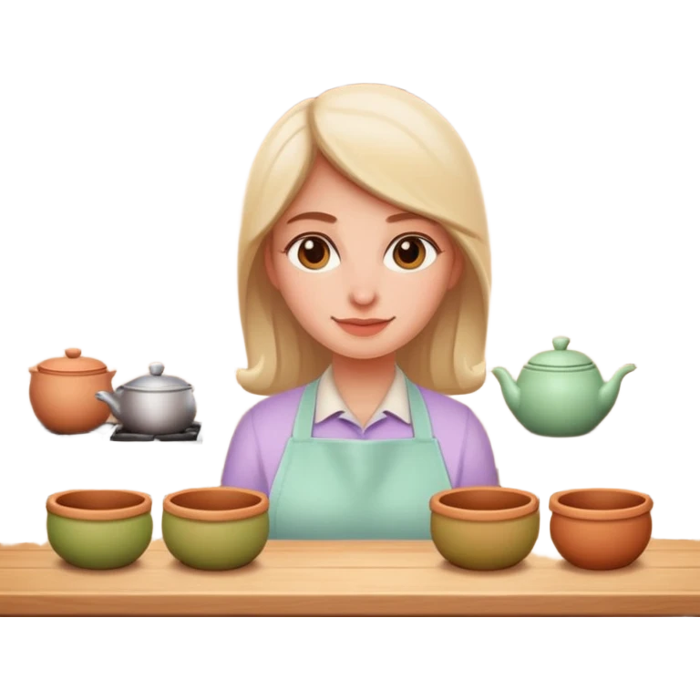 cartoon Apple iOS emoji style woman, pastel colors, Chilean wooden kitchen background, clay pots, warm light, detailed and clean vector art emoji
