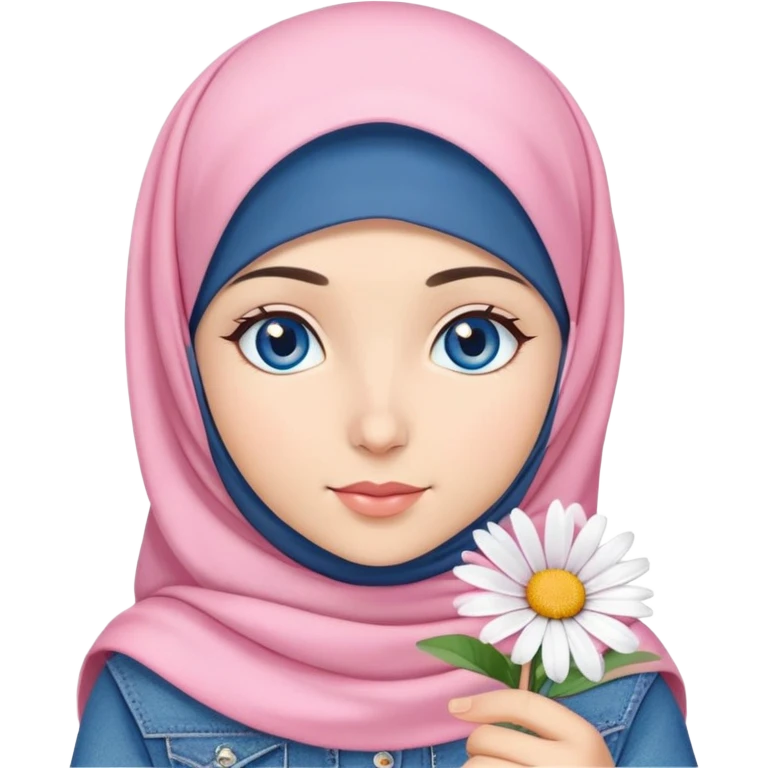 Turkish beautiful finish Konya girl blue eyes with denim hijab islamic dress and had on her hand pink daisy emoji