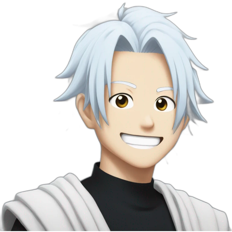 gojo satoru smiling from jujutsu kaisen with white hair, blue sky eyes, wear a black tshirt emoji