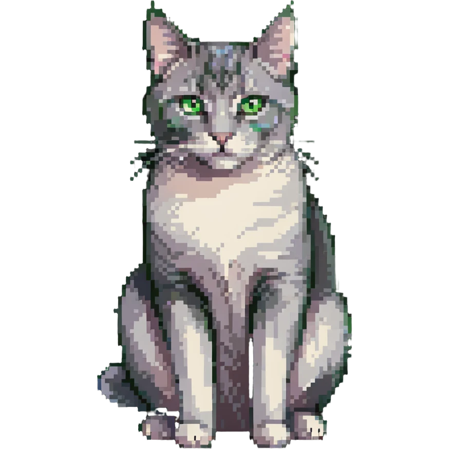 Elegant gray cat with smooth fur, large green eyes, serene expression, sitting facing camera emoji