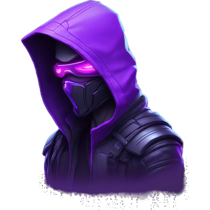 Side view developer behind his laptop with this style : crysis Cyberpunk Valorant neon glowing bright purple character purple violet black hooded assassin themed character emoji