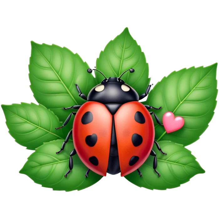 pink ladybug on a leaf with hearts emoji