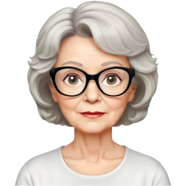 white older woman, about 65 years old, light warm skin, wide face, black wavy neck-length 80s short hair, low volume, neutral expression, large black shiny butterfly or cat-eye glasses, white casual t-shirt emoji
