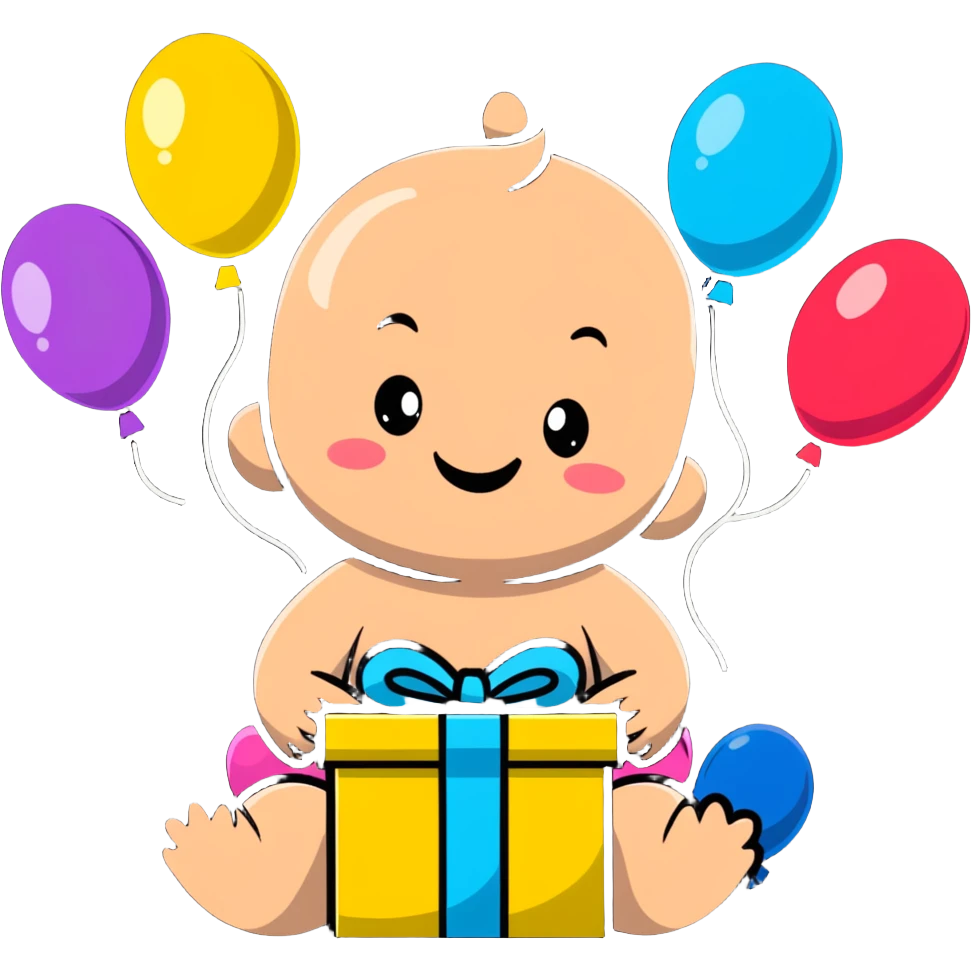 happy baby surrounded by birthday presents and colorful balloons emoji