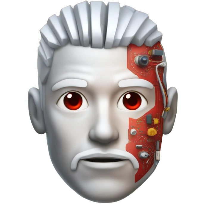 White hair and goatee male cyborg head with red skin and circuits emoji