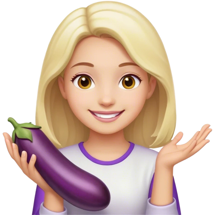 Girl smiling and holding one eggplant with two hands emoji
