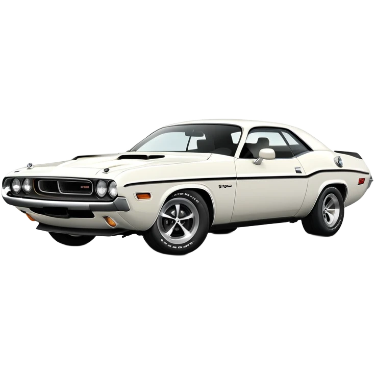 Refined white 1971 Dodge Challenger with exact proportions, perfect three-quarter 30-degree angle view, detailed front end with visible headlights and grille, pure white color, iOS emoji style emoji