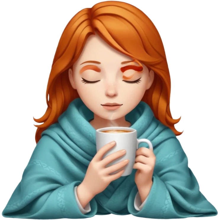 girl with ginger hair inside a blanket sipping coffee eyes closed emoji