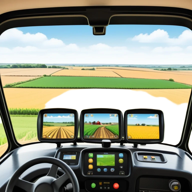 a view from the tractor cabin, with the dashboard in focus, overlooking a vibrant rural landscape. Inspired by Farming Simulator 22, the scene includes fields, crops, and distant barns under a bright sky. The design highlights the immersive experience of farm management. transparent background emoji
