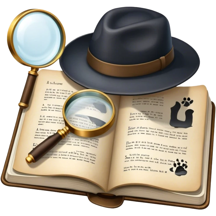 Icon for Detective Reading: an open book with text and a magnifying glass, a detective’s hat and a notebook with clues, surrounded by dark shadows and mysterious elements like footprints. Transparent background. emoji