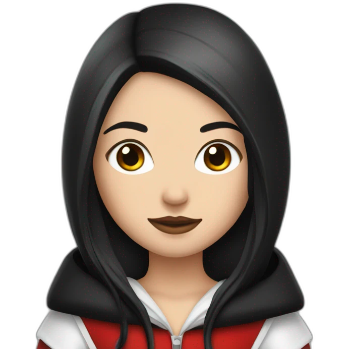 White girl long straight black hair with white streak hair and red ridding hood emoji