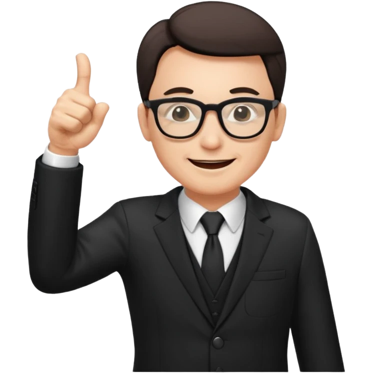un PROFESOR con terno negro que este parado con sus lentes guiñando el ojo y CON LAS MANOS HACIA ARRIBA DANDO LIKE emoji