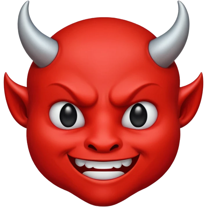 CARTOON STYLE EMOJI of a RED DEVIL FACE with small HORNS pointing up, BLACK EYES, and a MISCHIEVOUS SMILE. The entire face is RED with a smooth glossy texture. BACKGROUND is PURE WHITE, clean and simple. emoji