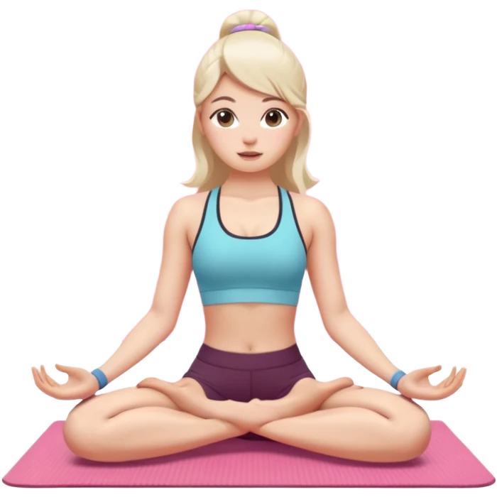 pretty 20-year-old woman with white skin doing yoga on a pink yoga mat, iPhone memoji style emoji