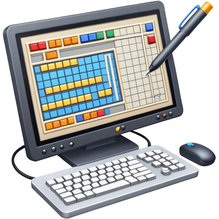 Professional icon for Game Design: computer screen with game interface, 3D models, pixel art, and design tools like grid, wireframe, and stylus. Symbolizes the technical and creative process of game development. Transparent background. emoji