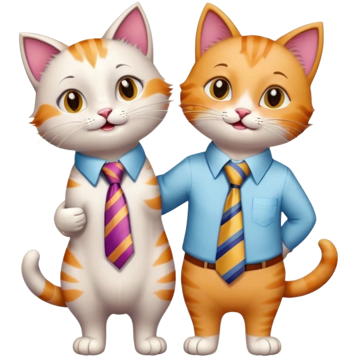 happy girl cat with eyelashes wearing a colorful necktie and happy boy cat wearing a professional necktie standing together and holding paws, both with loving expressions emoji