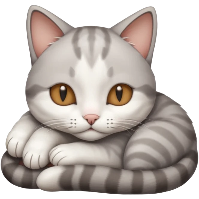 grey and white small cat with its eyes closed lying down with its head resting own paw emoji