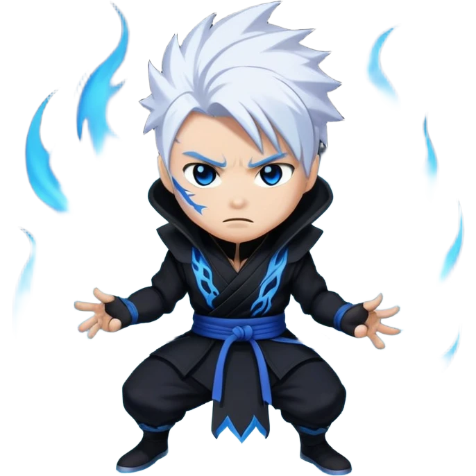 Gabimaru the Hollow, surrounded by blue flames, white hair, black ninja outfit, fierce look emoji