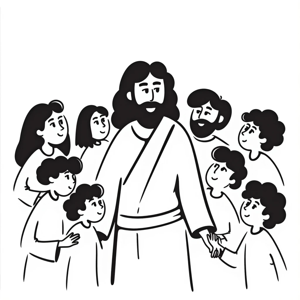 Jesus surrounded by his disciples and followers, peaceful gathering emoji