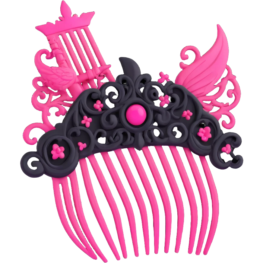 realistic 3D gothic hair comb with pink accent, minimal and dark emoji