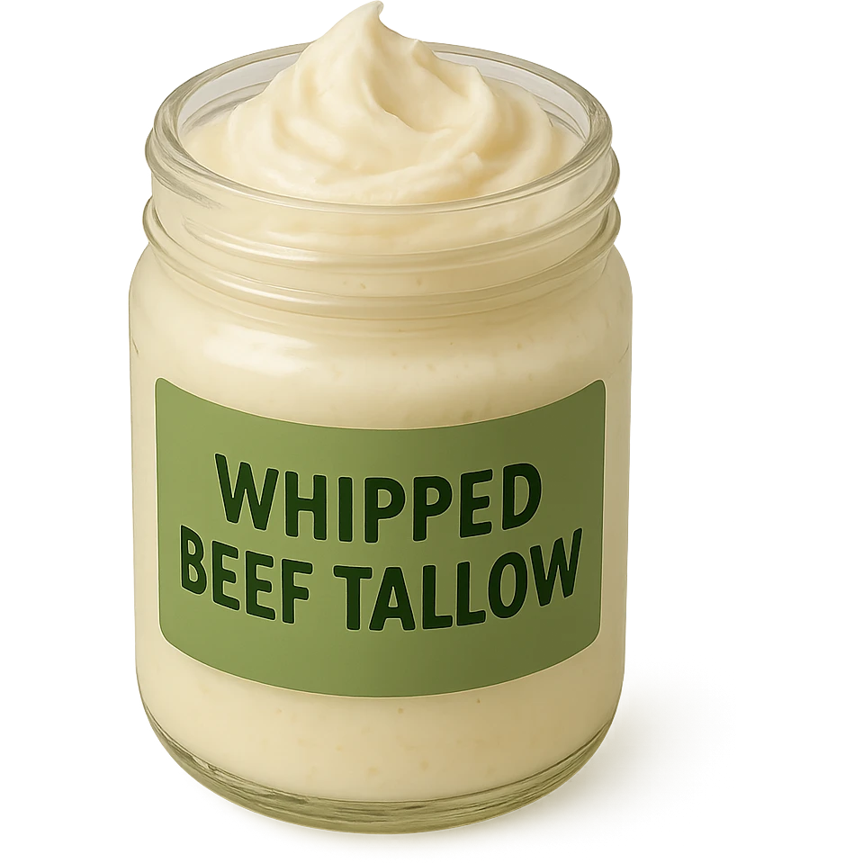 open jar of whipped beef tallow, green label, visible whipped texture, simple style, clean background emoji
