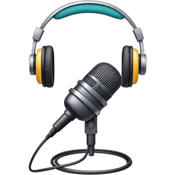 Create an emoji for podcasting. Show a microphone with headphones, symbolizing the recording of a podcast. Use modern, professional colors. Do not include any emojis or smiley faces. Make the background transparent. emoji