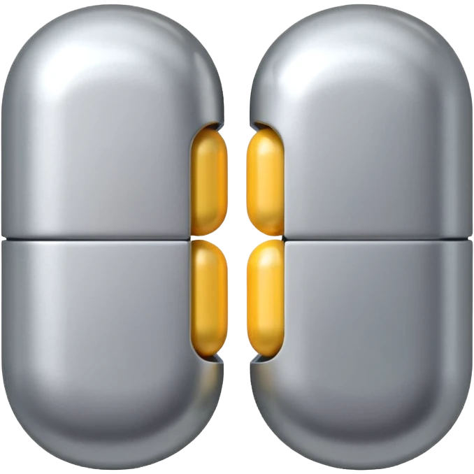 capsule pill emoji, metallic silver halves, smooth glossy finish, futuristic pharmaceutical 3D icon, isolated on white emoji