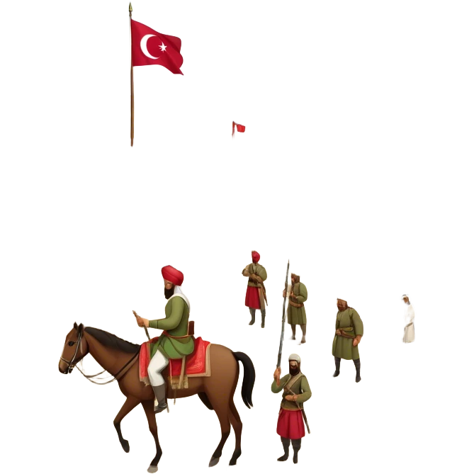 Early Ottoman settlement being built. Wooden houses, tents, and a small market. People in traditional Ottoman clothes, soldiers on horseback, and a flag waving emoji