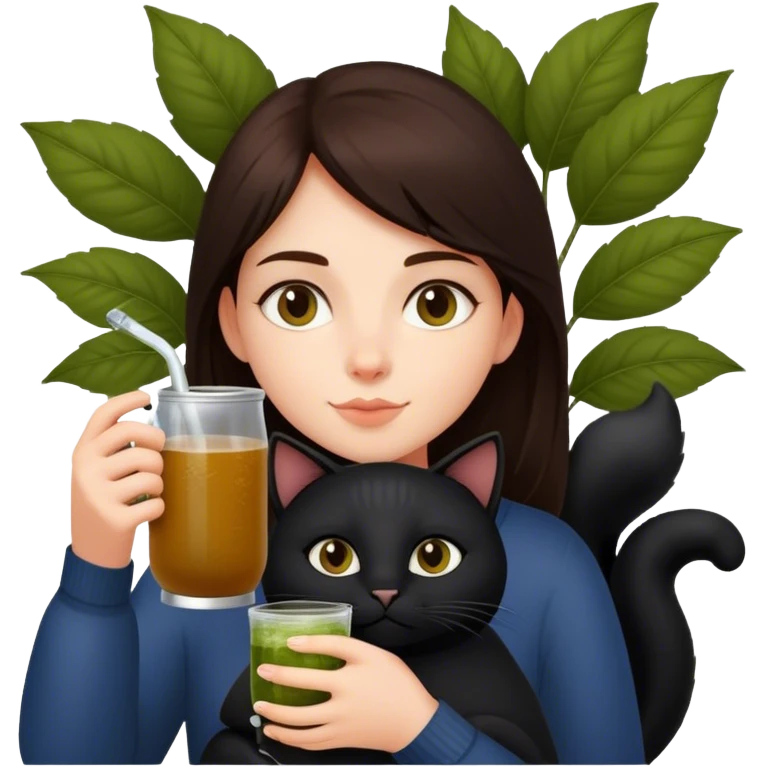 Brunette girl holding a big black cat and drinking a Yerba mate emoji