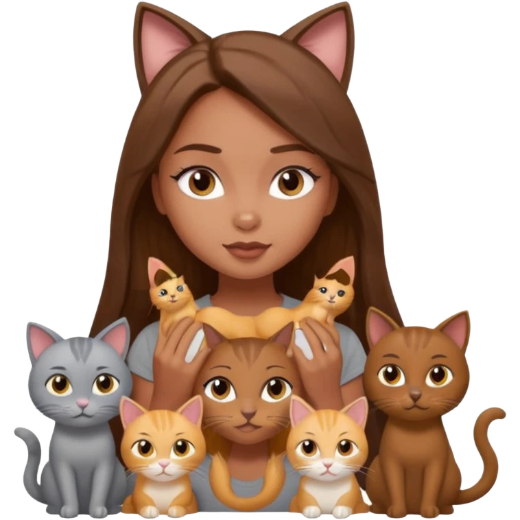 a pretty bratz dusky girl with long brown hair with four cats nd wearing a grey tshirt emoji