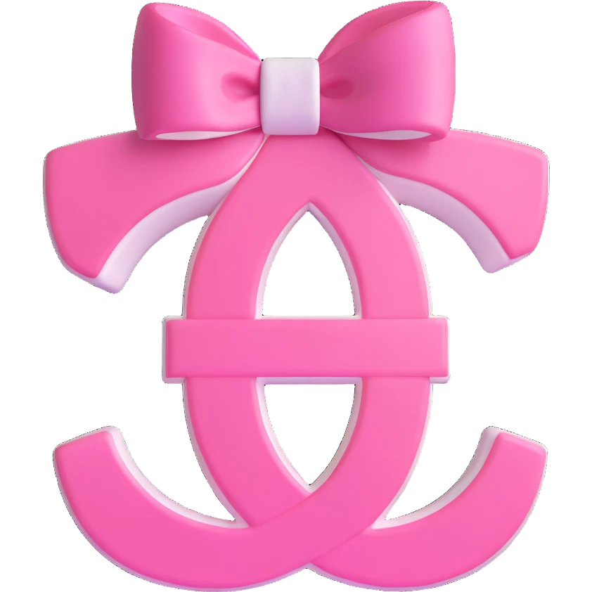 Replace the logo with the authentic interlocking double C Chanel logo, keep the bow pink and white, glossy, elegant, 3D emoji style, no background. emoji